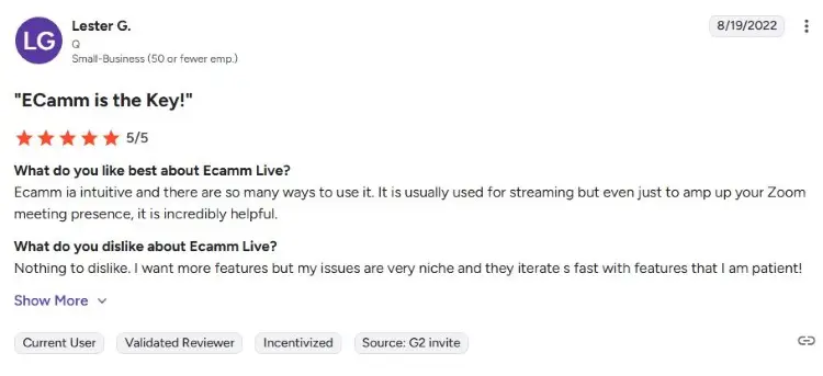 Customer review from a user looking to start live streaming with Ecamm Live