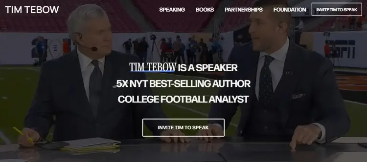 Tim Tebow public speaker website highlighting speaking engagements, books, and media appearances