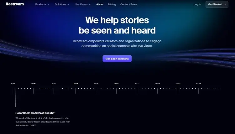 Restream homepage showing a live streaming tool for creators and organizations