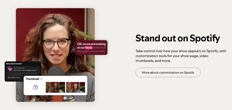 Spotify for Podcasters interface showing customization tools for podcast artwork, thumbnails, and show pages