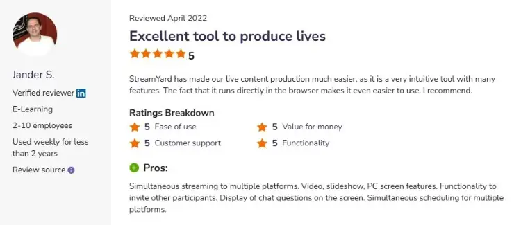 Customer review highlighting StreamYard's ease of use and live production features