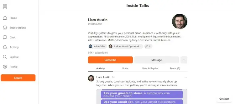Substack creator profile page with subscriber features and a membership-based audience model