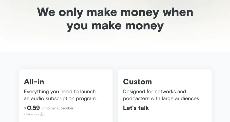 Supercast pricing model showing subscriber-based plans and custom enterprise options