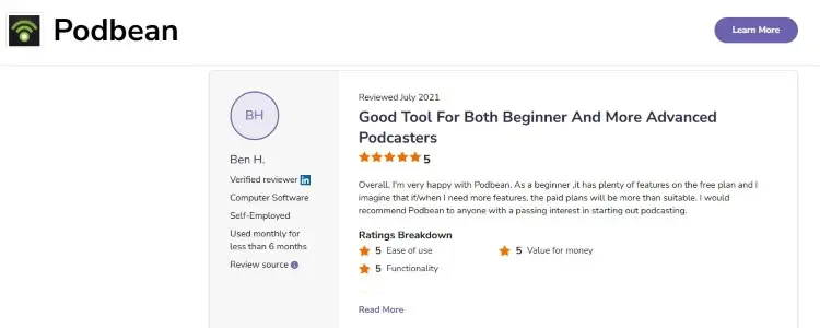 User review discussing Podbean features, usability, and support options for podcasters