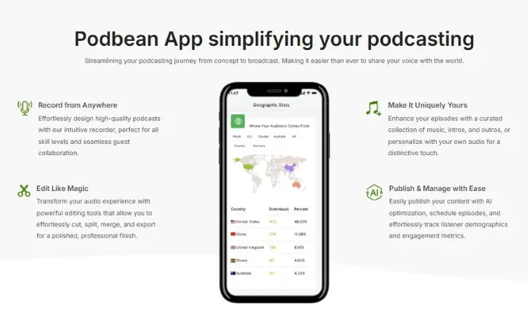 Mobile dashboard of Podbean helping creators track podcast audience analytics and performance metrics