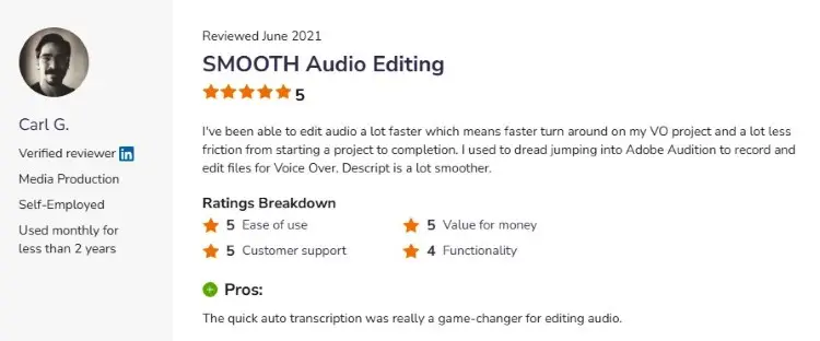 User review discussing Descript and the editing of spoken audio through transcription-based workflows