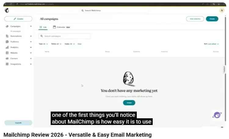 Mailchimp dashboard showing campaign management and website builder tools