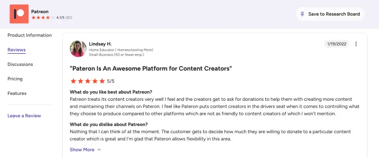 Customer review explaining why creators choose to use Patreon for memberships and content monetization