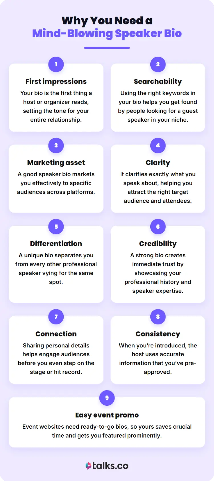 Infographic explaining why a speaker bio is a great way to build credibility, improve searchability, and attract speaking opportunities