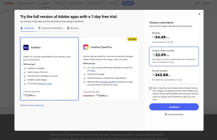 Subscription options showing a seven-day trial period for professional audio editing software.