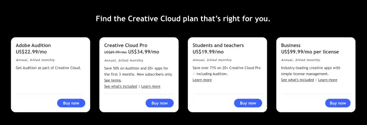 Adobe Audition pricing plans displayed for individual, student, and business subscriptions.