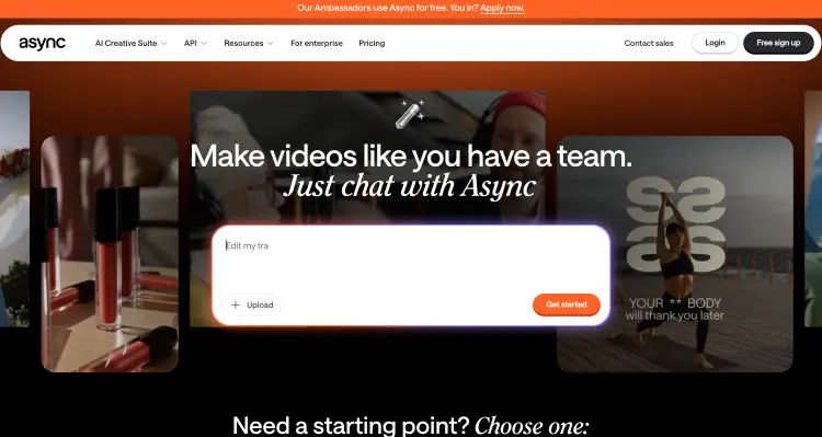 Async homepage showing an ai voice and video creation platform with a chat-based content workflow.