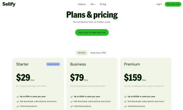Sellfy pricing page shown as an alternative to Ko-fi for creators selling digital products and memberships.