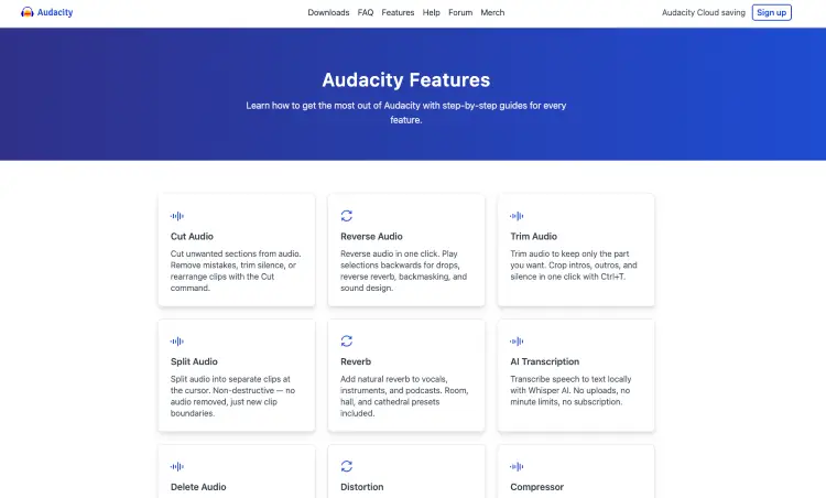 Audacity features page showing that the software includes tools for cutting, reversing, trimming, splitting, and enhancing audio.
