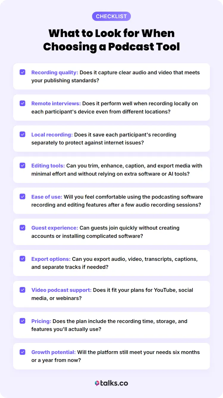 Podcast tool checklist highlighting audio quality, remote interviews, local recording, editing, and export options.