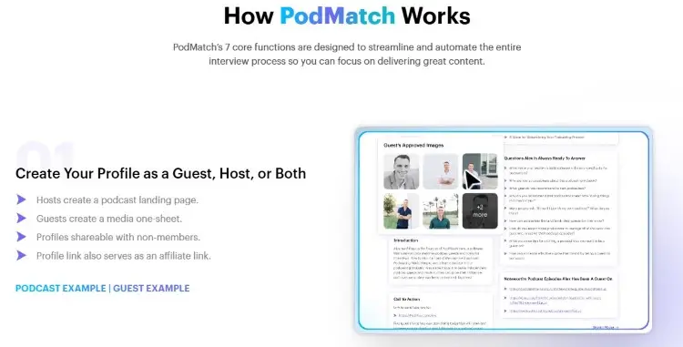 Overview showing how PodMatch can automate parts of the podcast interview process through guest and host profiles.