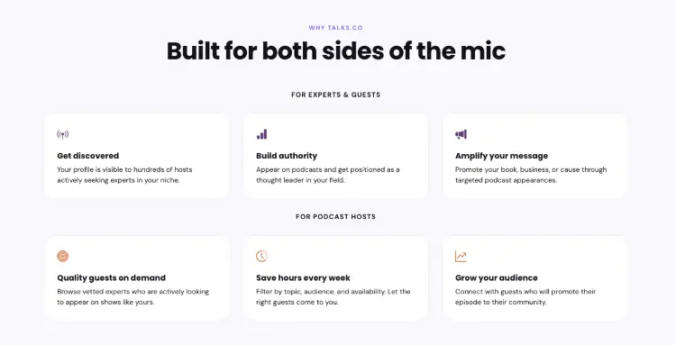 Screenshot of a podcast matching platform showing features that help podcast hosts discover guests and experts build authority through podcast interviews.