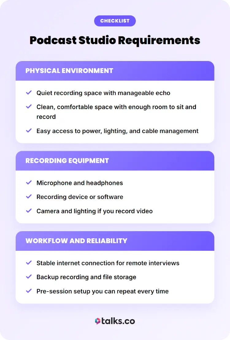 Checklist outlining what you need to build your own podcast studio, including equipment and workspace requirements.