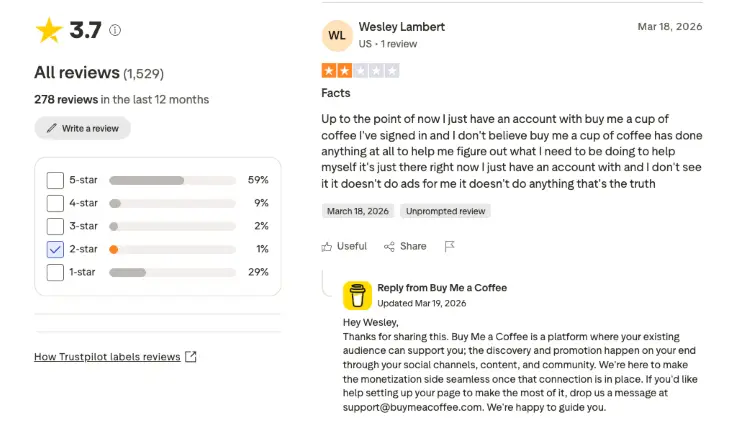 Trustpilot reviews answering frequently asked questions about the Buy Me a Coffee platform and user experience.