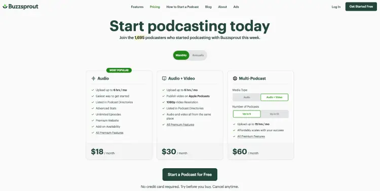 Buzzsprout pricing page showing the audio, video, and multi-podcast plans Buzzsprout offers.