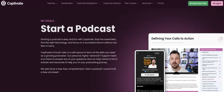 Captivate podcast education page with courses and resources to help you make and grow a podcast.