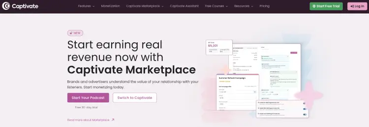 Captivate Marketplace homepage showing how captivate starts connecting podcasters with brands and podcast revenue opportunities.