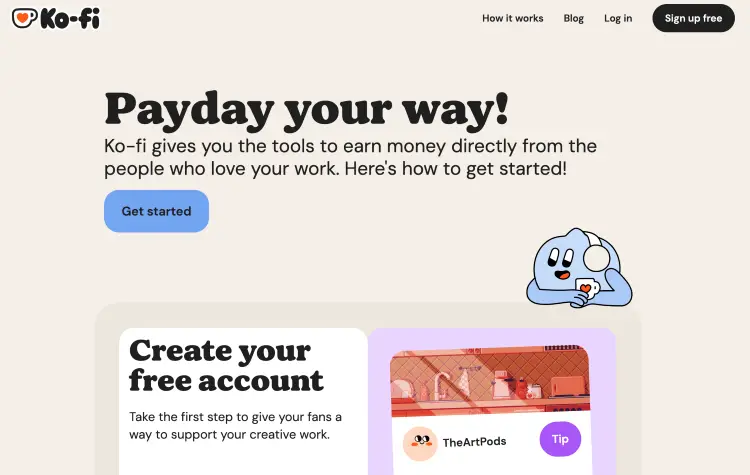Ko-fi homepage showing tools that let supporters donate directly to creators.