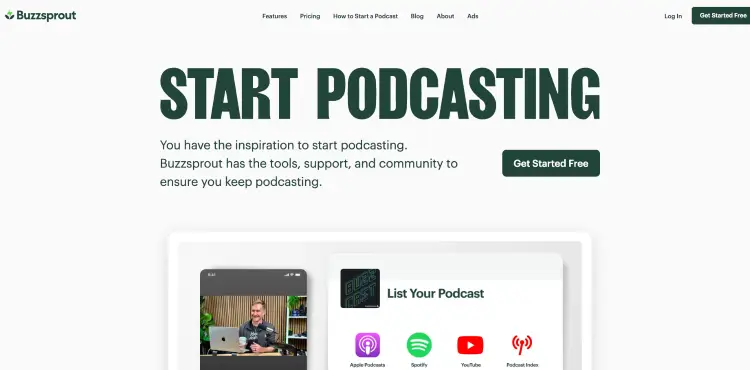 Buzzsprout homepage presenting the easiest way to start and publish a podcast.