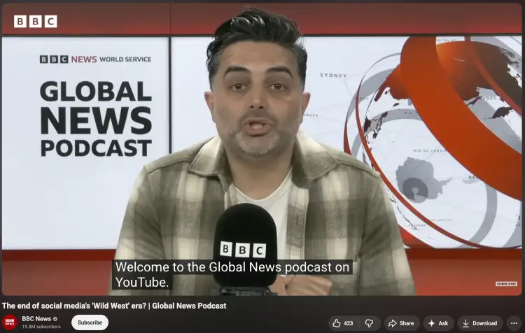 Presenter introducing a news show with the episode title displayed on screen.