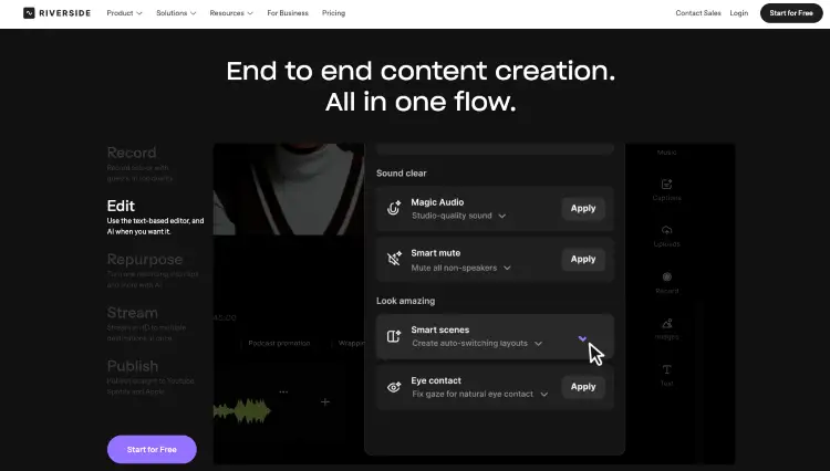 Riverside content creation workflow with AI tools for turning podcast episodes into short clips and enhancing recordings.