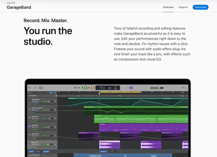 GarageBand software interface for recording, mixing, and producing audio projects on macOS.