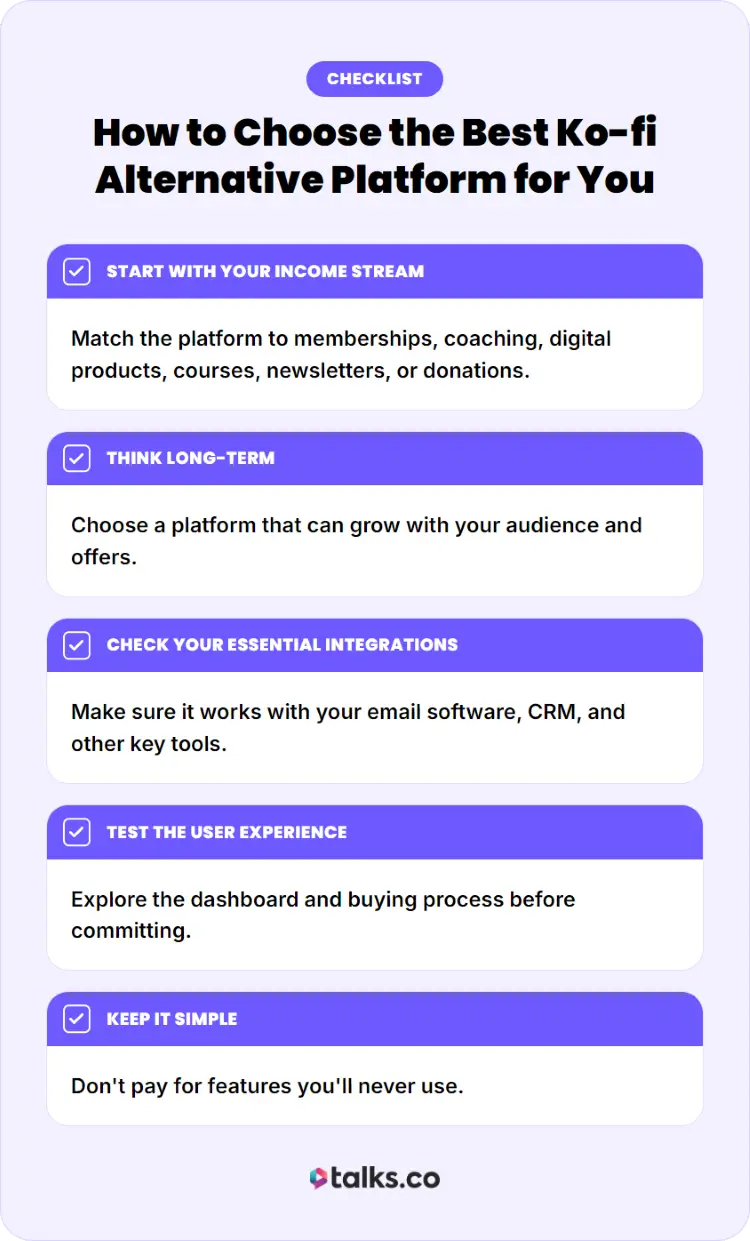 Checklist of factors to consider when selecting a Ko-fi alternative based on your business preference.