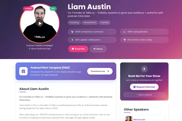 Example of a professional biography displayed on a speaker profile with achievements and booking information.