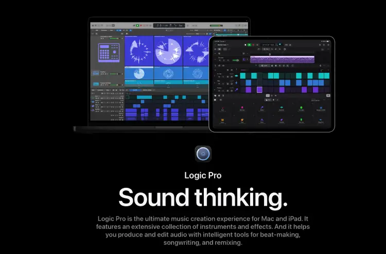 Logic Pro homepage showcasing a professional studio environment for music production and audio editing.