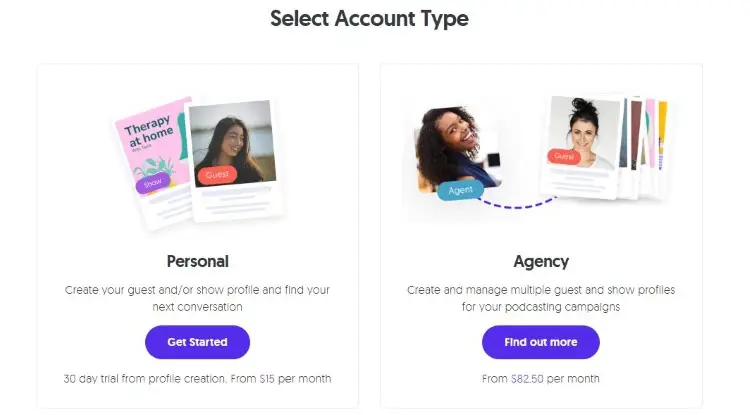 Matchmaker.fm account options for individuals and agencies managing shows and potential guests.