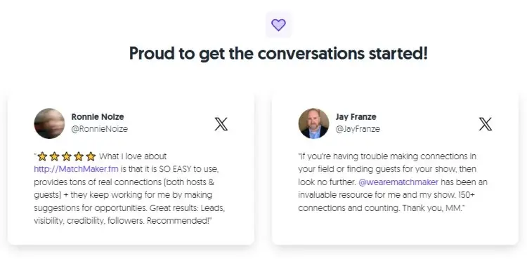User testimonials describing Matchmaker.fm as a service that helps podcast hosts and guests make valuable connections.