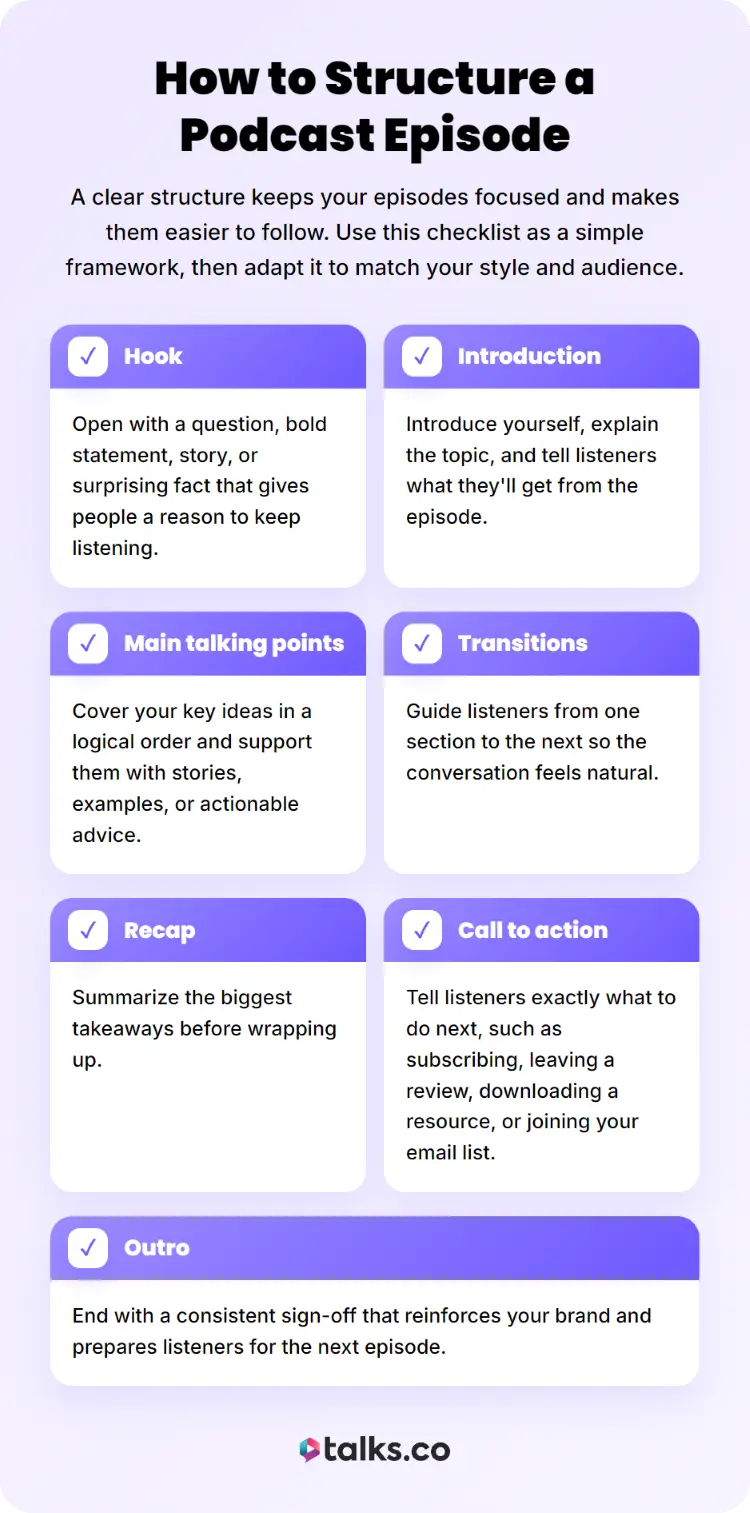 Podcast episode outline showing the recommended structure from hook and introduction through call to action and outro.