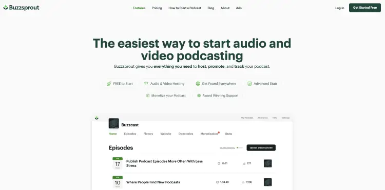 Buzzsprout podcast hosting platform homepage showing tools to host, promote, monetize, and track audio and video podcasts.