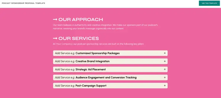 Podcast sponsorship proposal templates showing customizable services and sponsorship options.