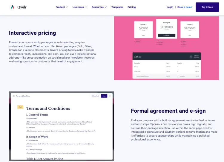 Proposal platform with interactive pricing, agreements, and sponsorship package management.