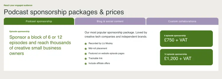 Pricing page outlining different podcast sponsorships and advertising packages.