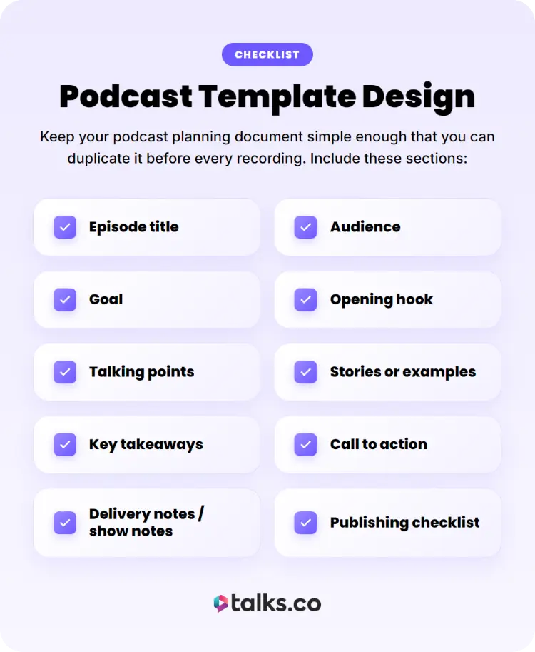 Podcast planning outline showing episode title, audience, talking points, call to action, and publishing checklist.