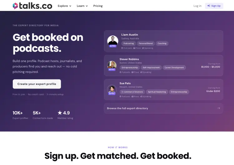 Talks.co homepage helping podcasters connect with guests and get booked on shows.