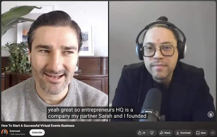 Two podcasters recording a remote video interview for an online show.