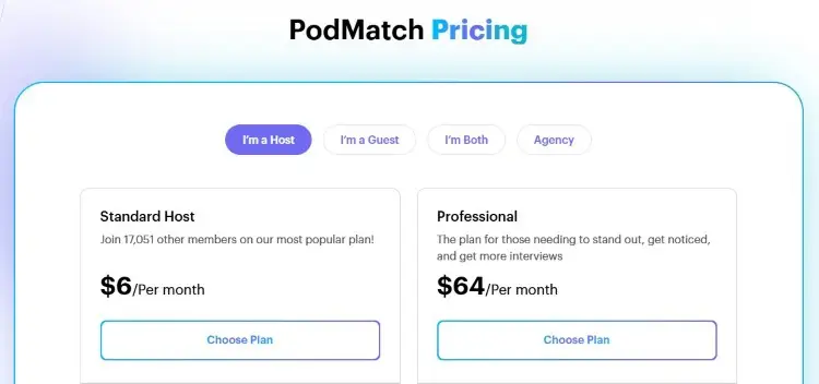 PodMatch pricing plans showing a lower-cost Standard Host option offering limited features and a Professional plan.