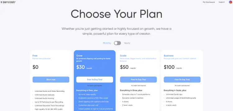 Zencastr pricing page showing plans with different advanced features for creators.