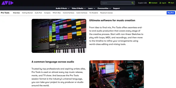Pro Tools website showing how pro tools focuses on professional music creation, audio production, editing, and mixing.