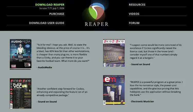 Reaper website featuring download and purchase options alongside reviews of the reaper license and software.
