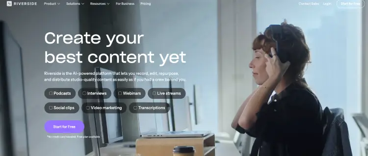 Riverside homepage promoting the ability to record studio-quality interviews from anywhere.