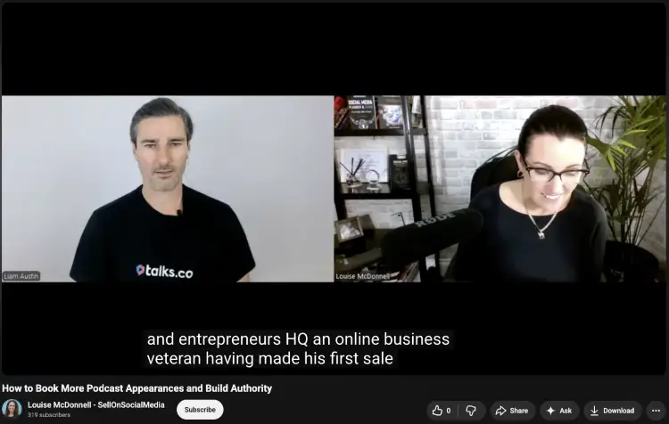 Two hosts recording a podcast remotely using microphones and video conferencing software.